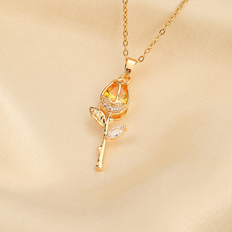 Crystal Zircon Tulip Titanium Steel Necklace