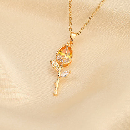 Crystal Zircon Tulip Titanium Steel Necklace