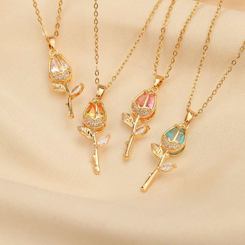Crystal Zircon Tulip Titanium Steel Necklace